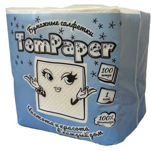 Салфетки бумажные TomPaper белые 100 штук 1 сл. целлюлоза 220*220 мм. (16 гр.) упаковка 40 шт. ПНД